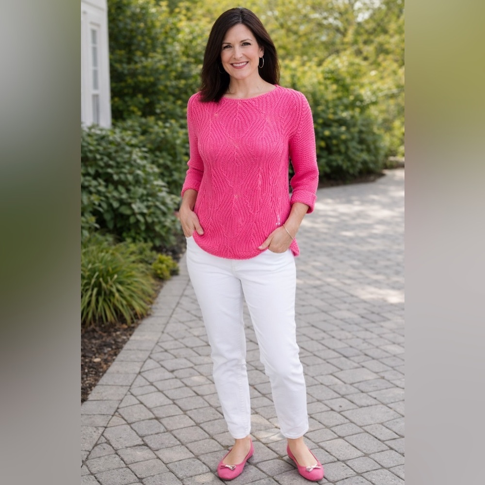 Marbel Pullover Sweater Pink Round Neckline 3/4 Sleeves Chunky Rib Knit Sz XS